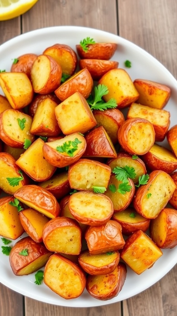 Crispy Air Fryer Lemon Potatoes Recipe Crispy air fryer lemon potatoes garnished with parsley on a rustic table.